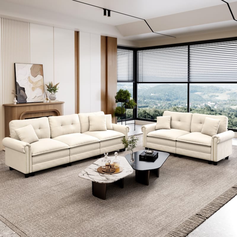 MAISON ARTS Mid-Century Modern Oversized Modular Sectional Couch Set with Ottoman, Cloud Sofa with Throw Pillows for Living Room - Beige 5-Seater