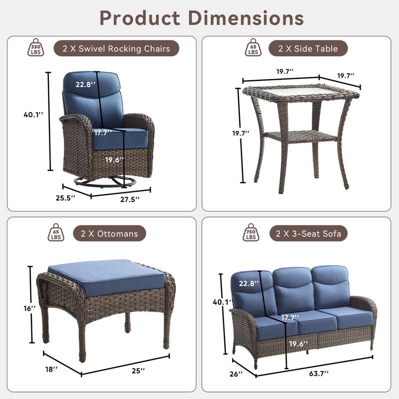 Pocassy Outdoor Wicker Patio Sofa with Swivel Chair Ottoman Sets