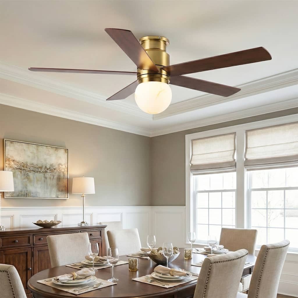 52" Modern Plating Gold Globe Glass Flush Mount Ceiling Fan with Light and Remote