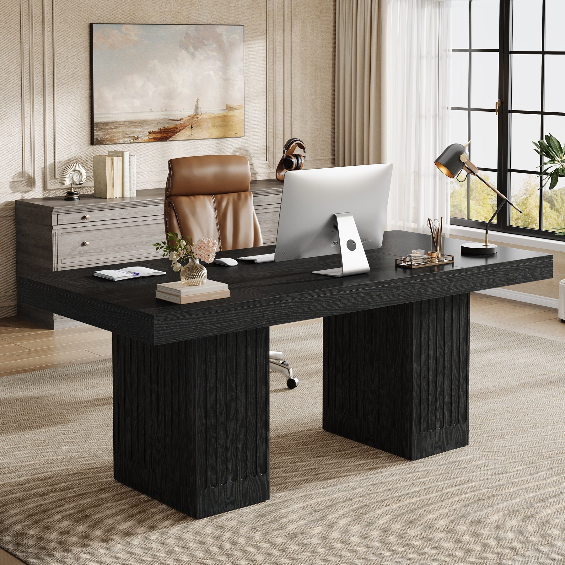63 Inch Black Executive Desk for Home Office, Modern Style