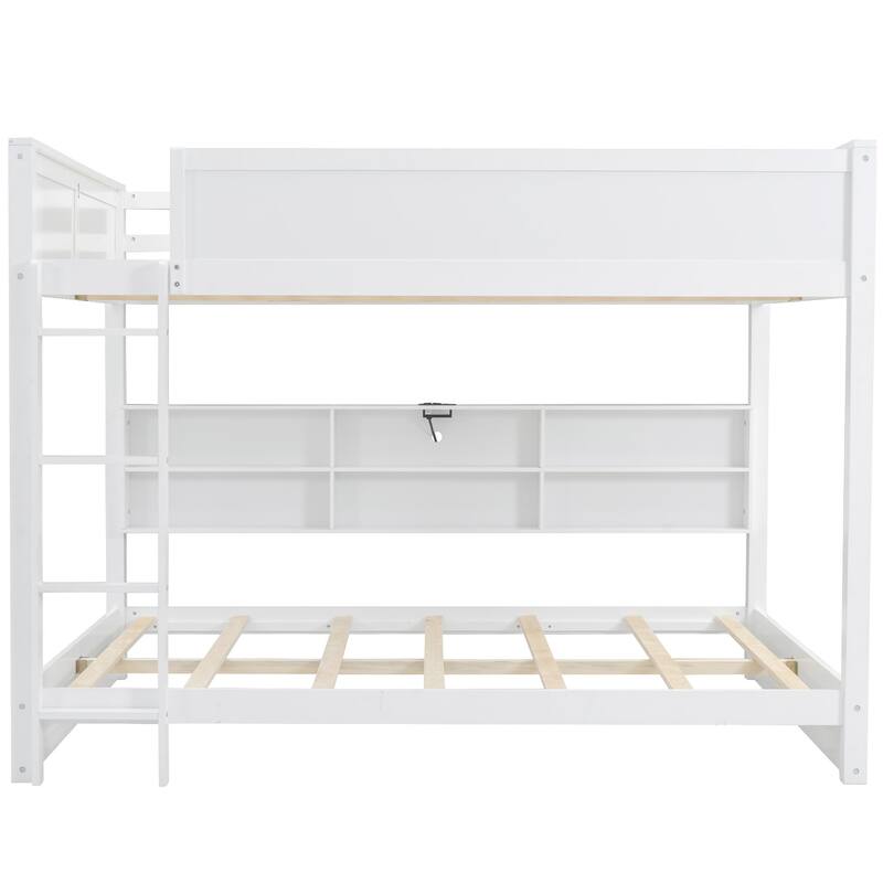 Wood Queen Bunk Bed with Storage Cabinets and USB Ports