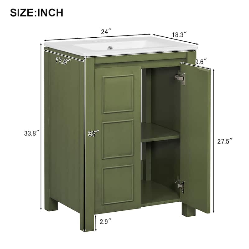 24-Inch Vintage-Inspired Bathroom Vanity with Ceramic Basin, Two Soft-Close Doors, and Adjustable Shelf‌ - 24"