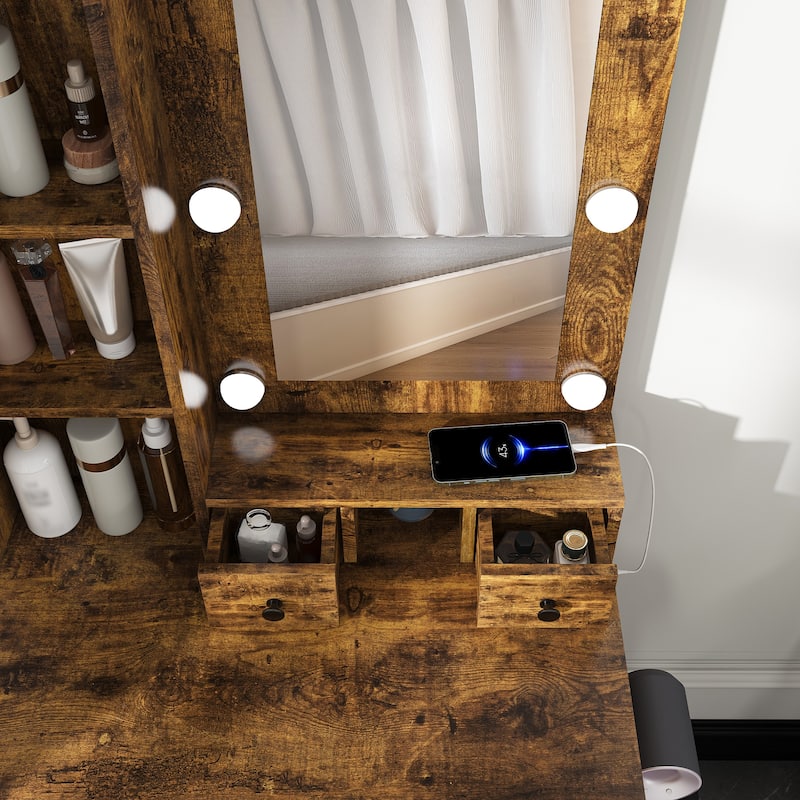Vanity Desk with Mirror & LED Lights, Makeup Table with Power Outlet, Hairdryer Holder & Stool, Compact Dressing Table Set