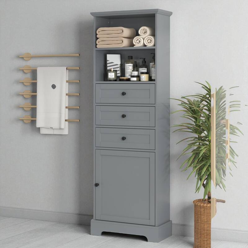 Tall Storage Cabinet with 3 Drawers, Adjustable Shelf, Enclosed Door & Open Shelves, Painted MDF Organizer - Grey