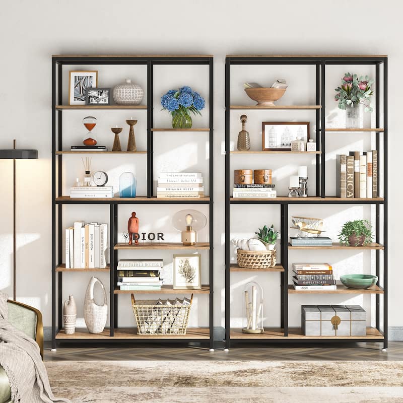 Staggered Bookcase Open Book Shelves Wood Etagere Display Shelf for Living Room
