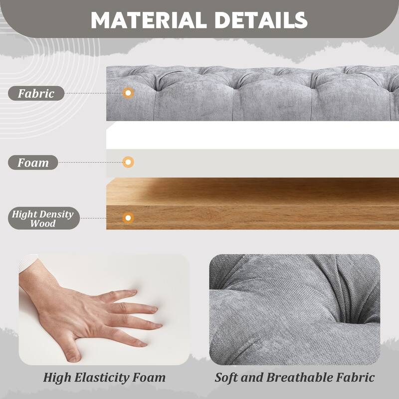 Christopher Knight Home - Mid-Century Solid Rubberwood Upholstered Bench with Rolled Arms, Button-Tufted Cushion & Nailhead Trim