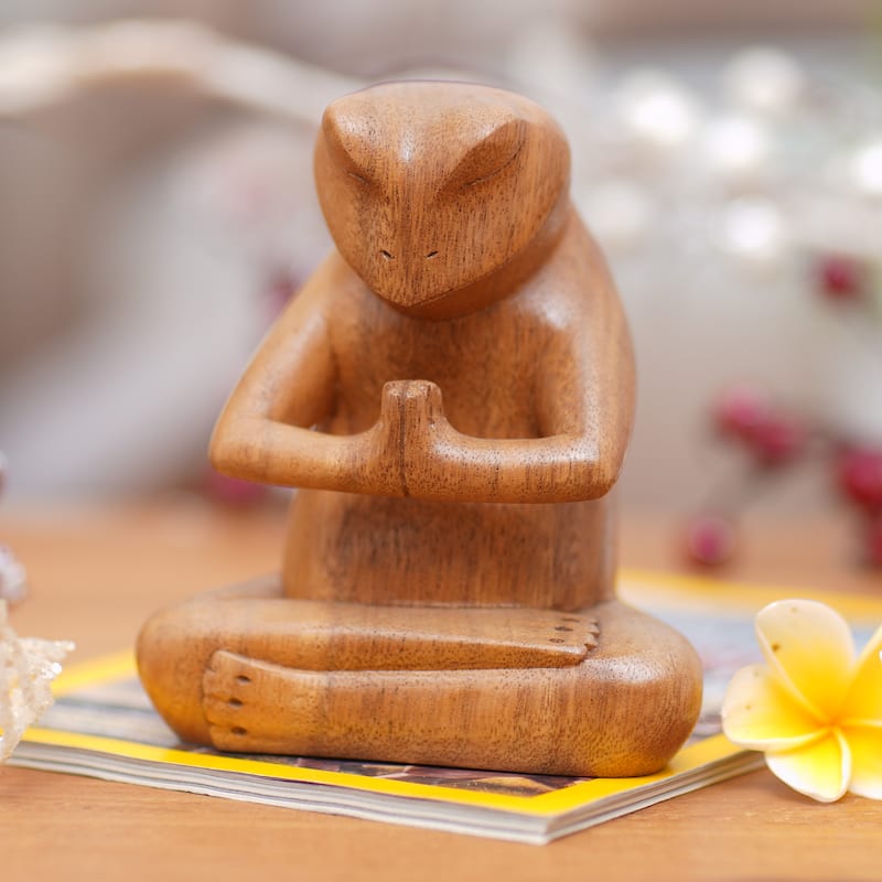 NOVICA Handmade Wood Sculpture, 'Asana Pose Yoga Frog' (Indonesia) - 5" H x 5.25" W x 3" D