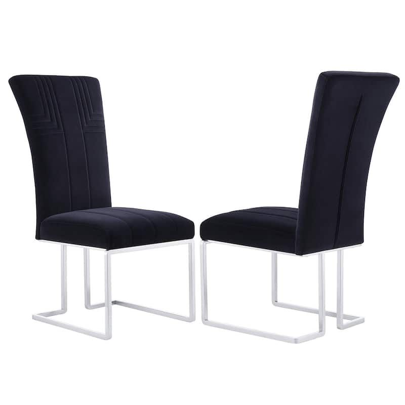 Modern Black Velvet Dining Room Chairs with Mirrored Silver Sled Legs - Set of 2