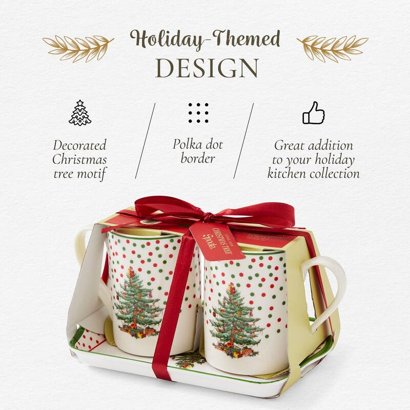 Pimpernel Christmas Tree Polka Dot Mug and Tray Set - 8" L x 5" W