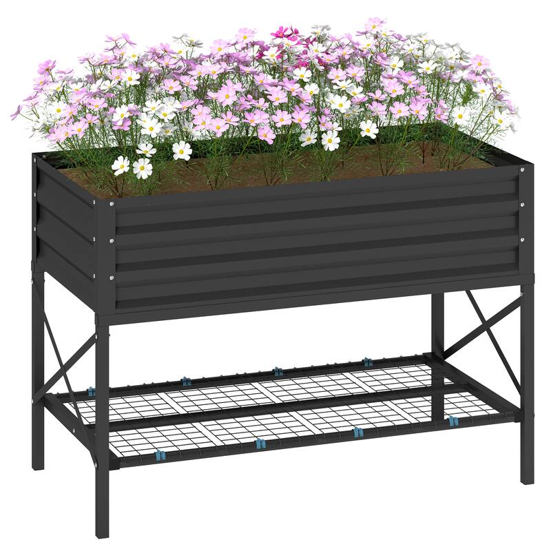 Outsunny Raised Garden Bed with Galvanized Steel Frame, Storage Shelf and Bed Liner, Elevated Planter Box