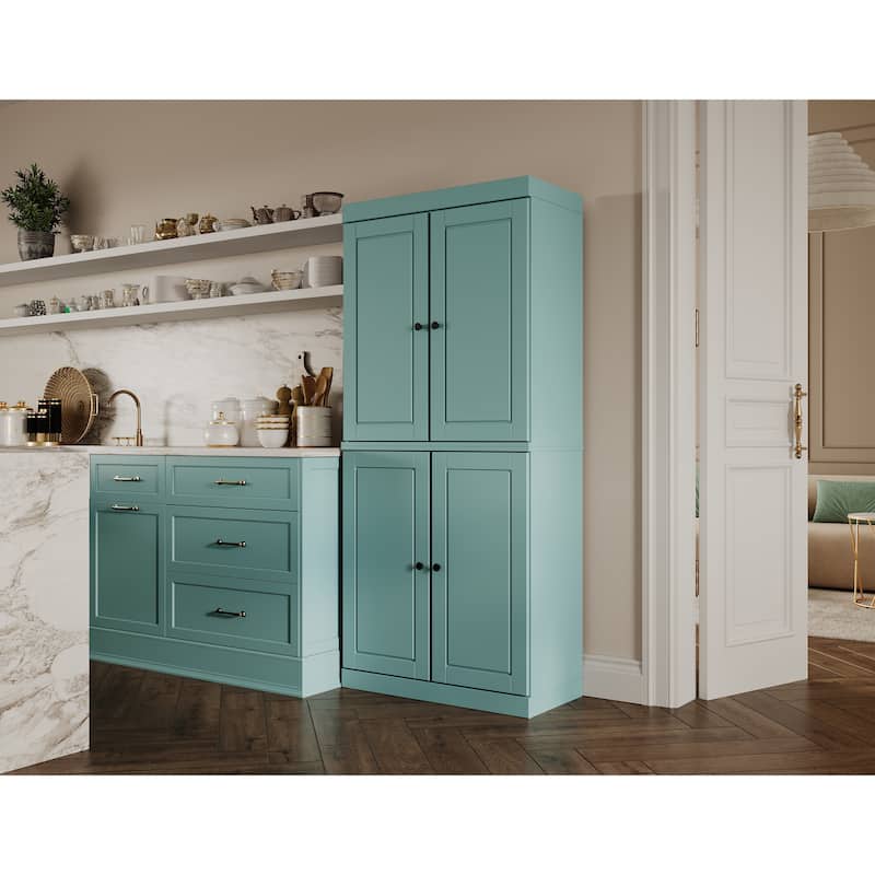 Palace Imports 100% Solid Wood Pantry Cabinet with Frosted, Clear Glass or Solid Doors and Adjustable Shelves - Aqua - Solid