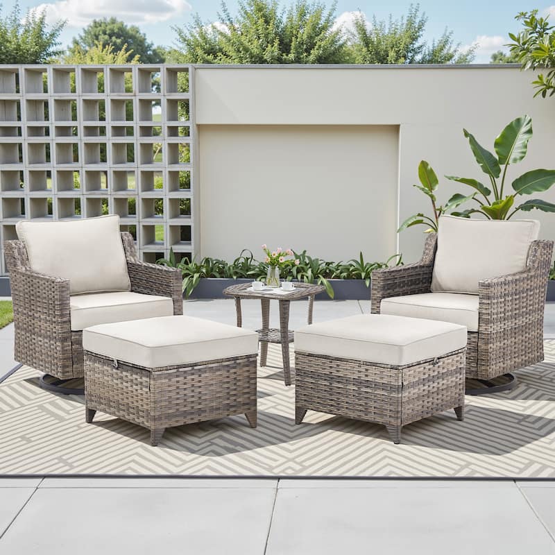 Pocassy Outdoor All-Weather Outdoor Sofa, Swivel Chair, Ottoman Sets - Grey Wicker Beige Cushion - 5 Pieces Swivel Chair with Ottoman