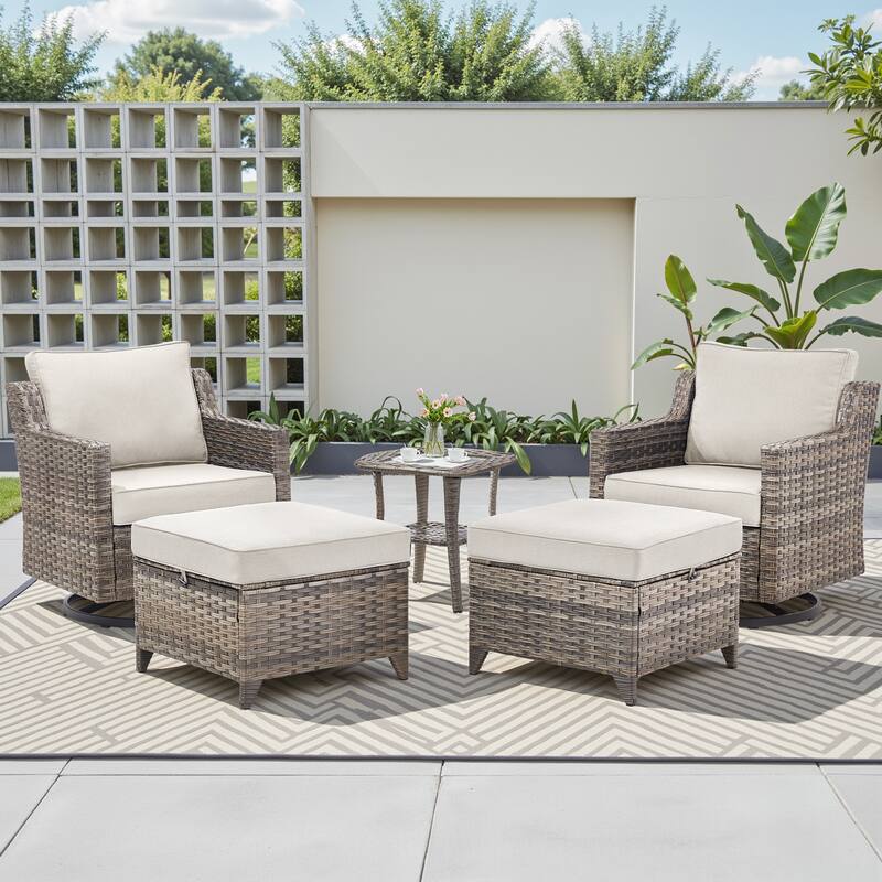 Pocassy Wicker Patio Sofa Glider Swivel Chair Ottoman Furniture Set. - Beige Cushion Gray Wicker - 5-Piece Swivel Chair Table w/ Ottoman Set