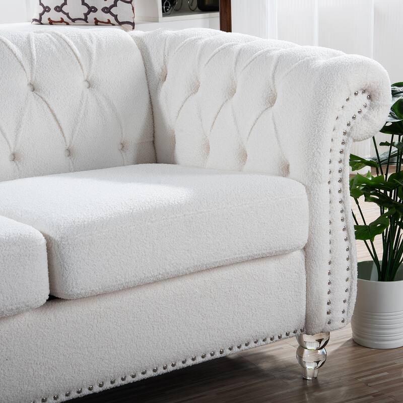 Chesterfield Fabric 3 Seater Sofa, Tufted Upholstered Sofa with Rolled Arms, Lounge Sofa Chair with Wooden Legs