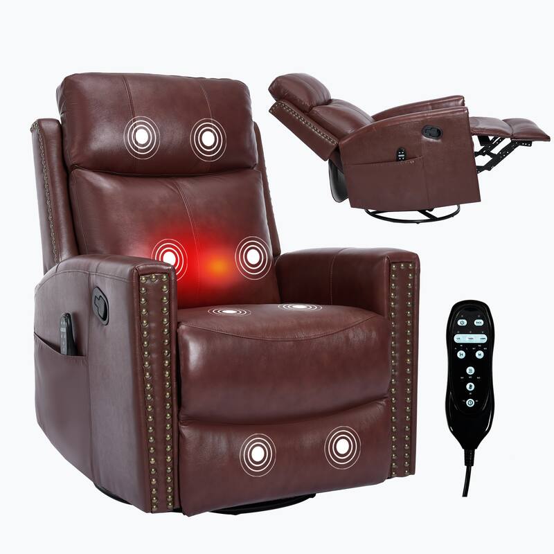 One Piece Genuine Leather Recliner Chair with Massage Heat Rocker and Swivel