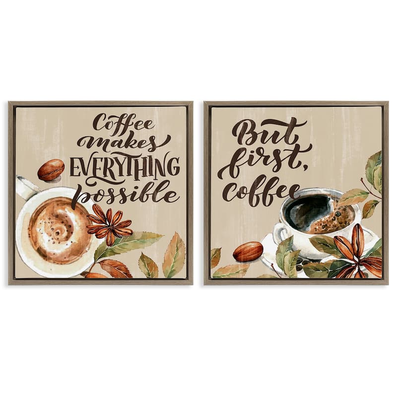 Stupell Morning Coffee Classic Phrases Framed Floater Canvas Wall Art Design By Kim Allen (Set of 2) - 18 x 18 - Brown