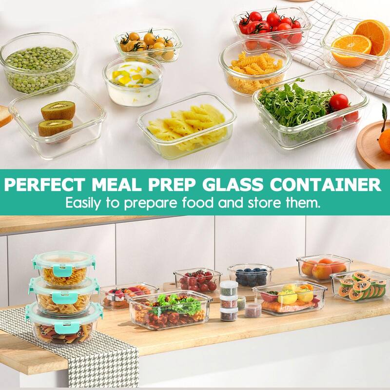 34pcs Glass Food Storage Containers with Lids Set, Airtight Glass Meal Prep Containers (17 Containers & 17 Lids)
