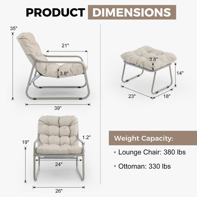 Outdoor Lounge Egg Chair with Ottoman, High-Back Metal Patio Papasan Accent Chair with Cushion for Balcony Porch Deck