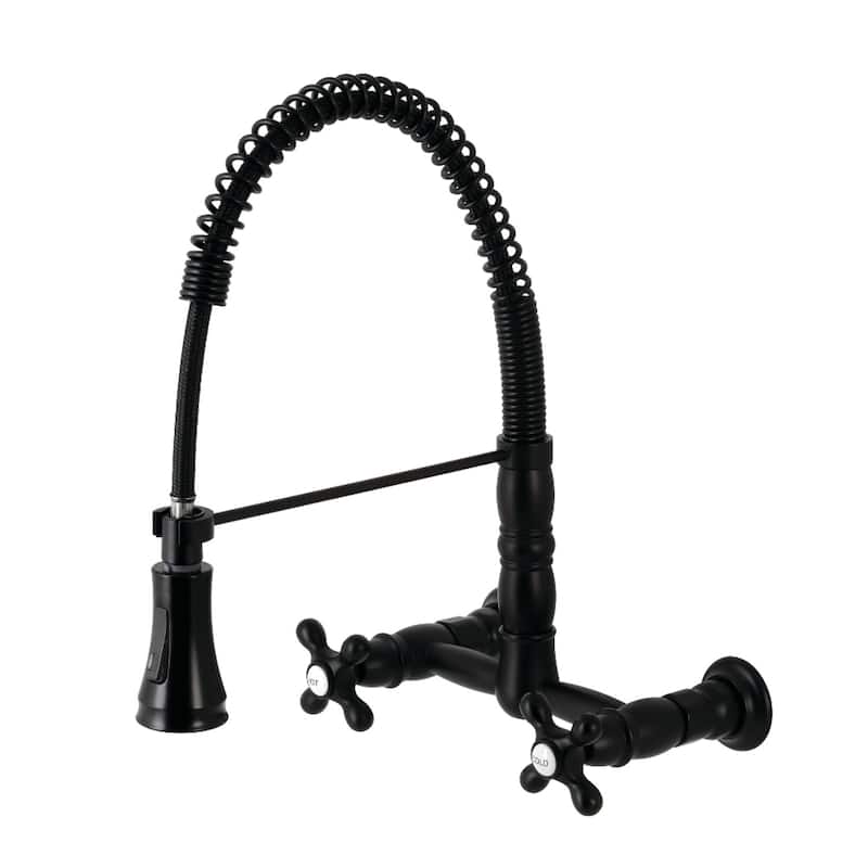 Kingston Brass Heritage Two-Handle Wall-Mount Pull-Down Sprayer Kitchen Faucet - Matte Black