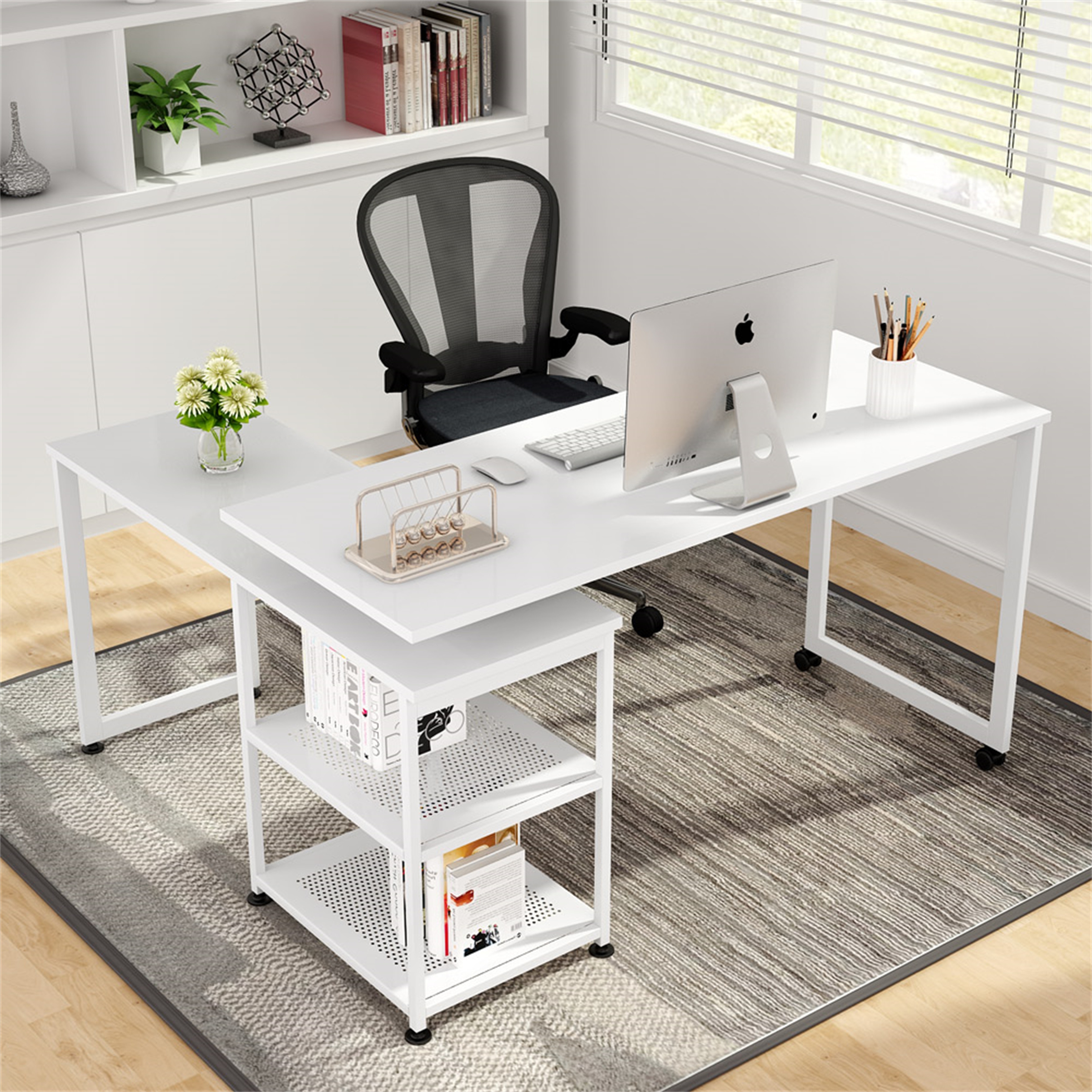 55 Reversible L-Shaped Computer Corner Desk with Shelves & Monitor Stand