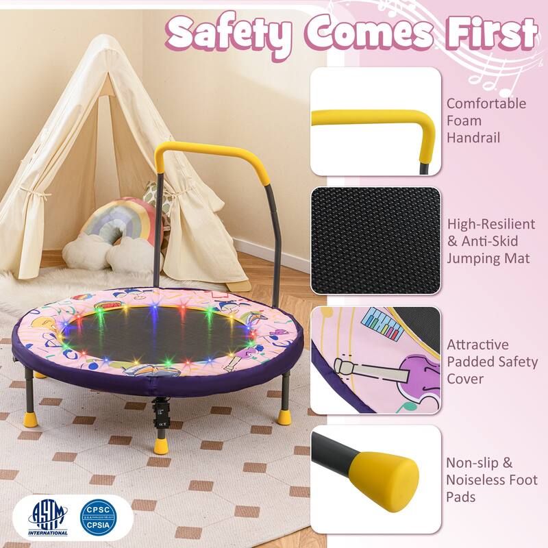 Foam Kids Trampoline with LED Lights, Foldable Frame and Handrail