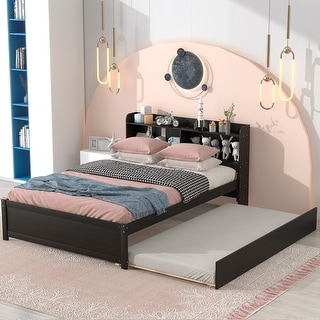 Full Size Bed with Pull-Out Trundle and Built-In Bookcase Headboard, Pine Wood Frame with Sturdy Slats