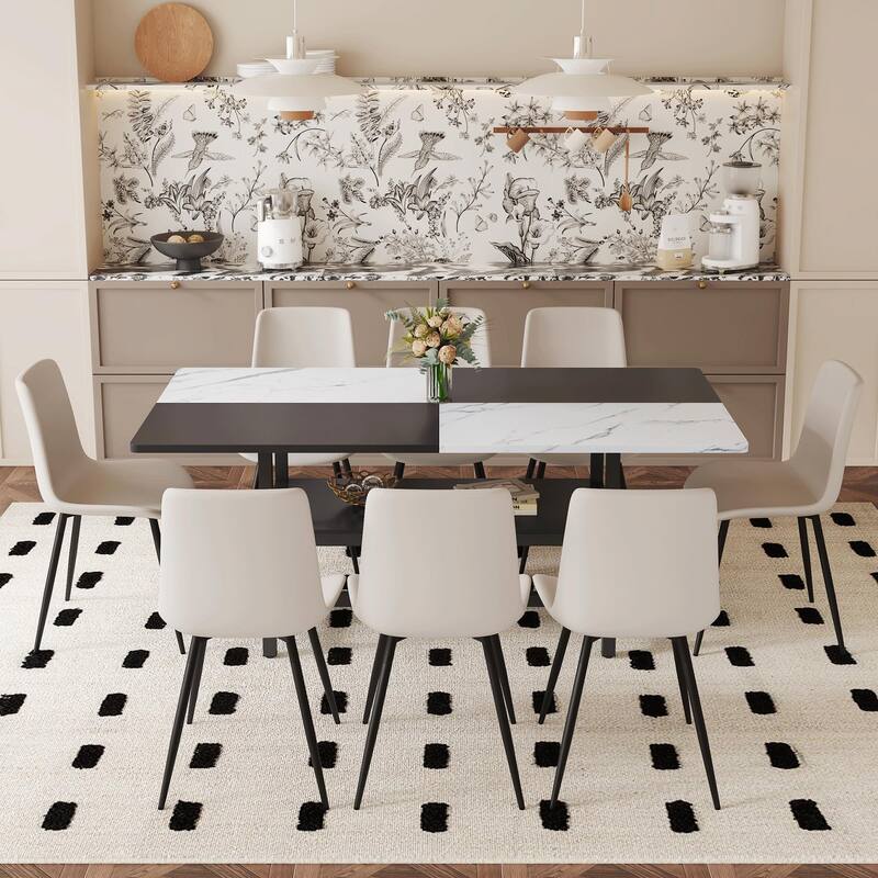 Minimalist Dining Table Set with Storage Shelf, 9-Piece Dining Set with 8 Leather Chairs, White Black Dining Table - Warm Grey White Black