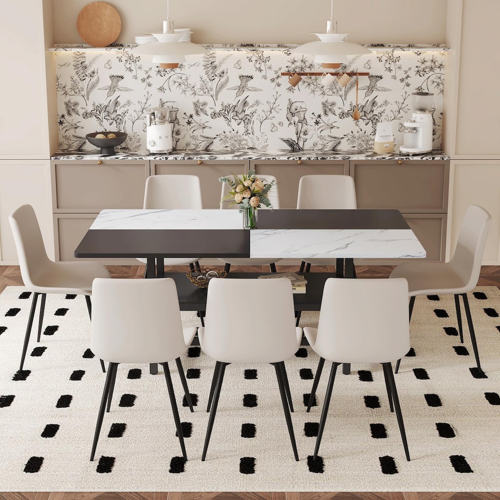 Minimalist Dining Table Set with Storage Shelf, 9-Piece Dining Set with 8 Leather Chairs, White Black Dining Table