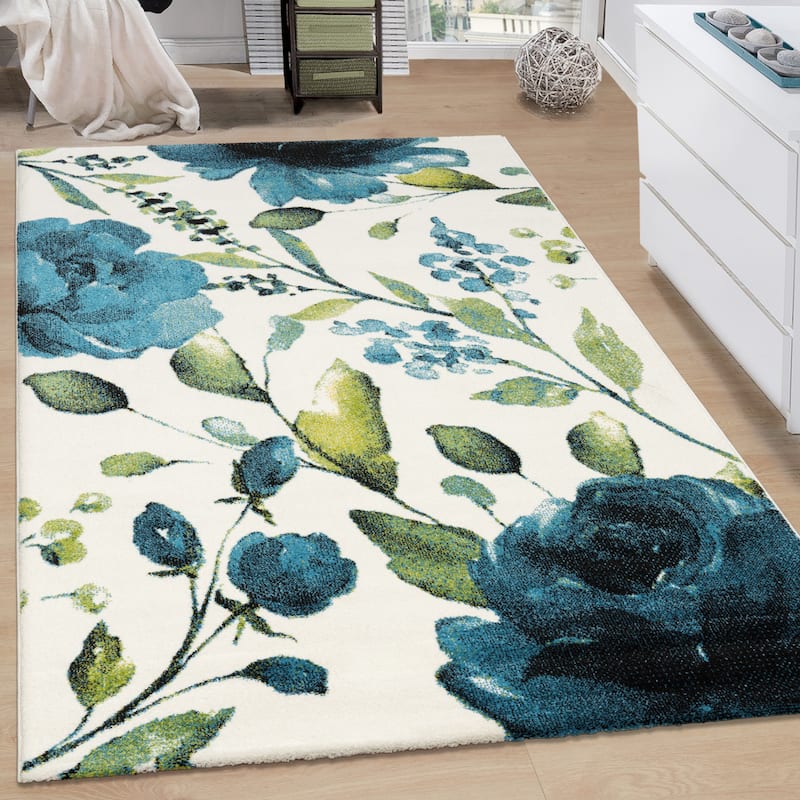 Artistic Area Rug Rose Motif in Watercolor Look