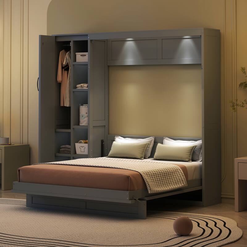 Space-Saving Full Size Wall Bed with Shelves, Wardrobe, and LED Lights, Gray