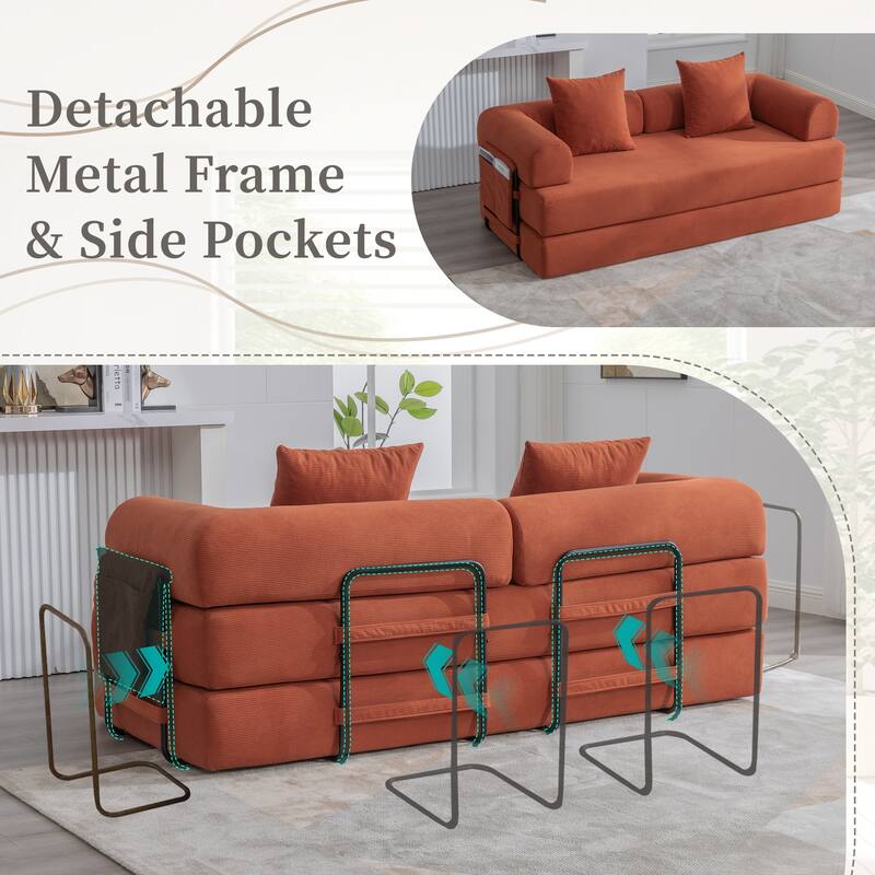 Foldable Modular Couch Sleeper Loveseat Sofa Bed with Storage Side Pocket, Detachable Metal Frame and Corduroy Fabric Cover