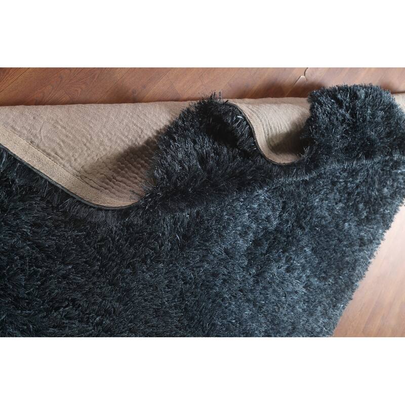 Blue Plush Shaggy Indian Area Rug Hand-Tufted Wool Carpet - 5'0" x 8'0"