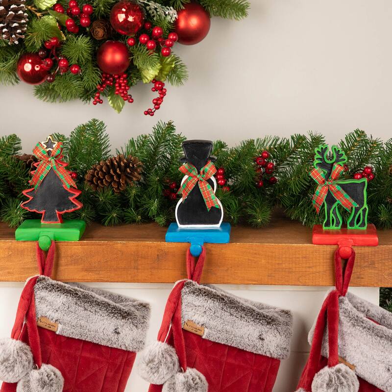 3 Reindeer, Tree, Snowman Chalkboard Christmas Stocking Holders 7"