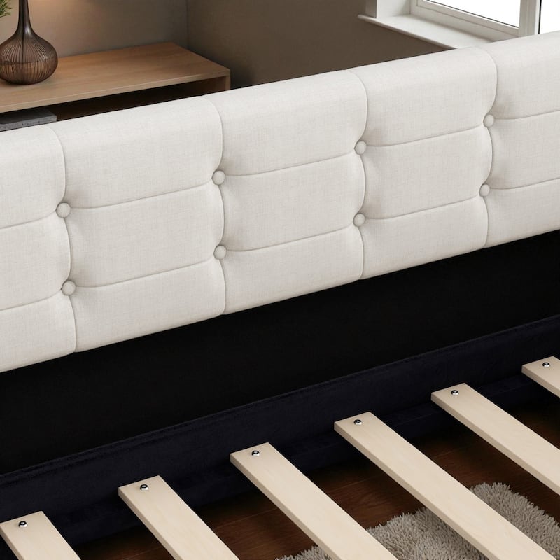 Queen Size Upholstered Daybed with Linen Fabric, Solid Wood Frame & 4 Support Legs, Sofa Bed for Guest Room