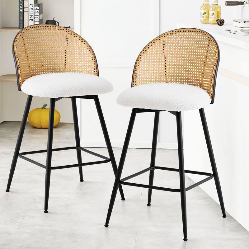 Upholstered Swivel Counter/ Bar Stools with Rattan Back - Set of 2 - Fabric-White - Counter Height