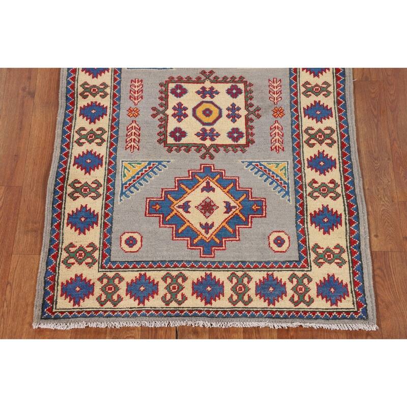 Gray Geometric Kazak Rug Handmade Foyer Wool Carpet - 2'9" x 4'1"