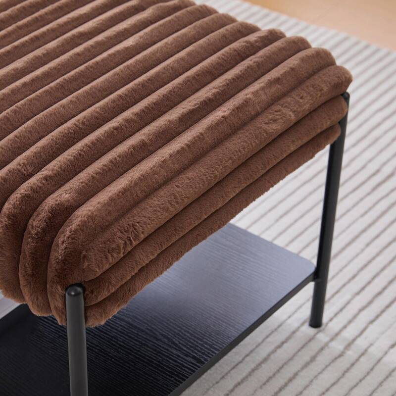 ​Upholstered Storage Ottoman - Open Shelf & Faux Fur Top