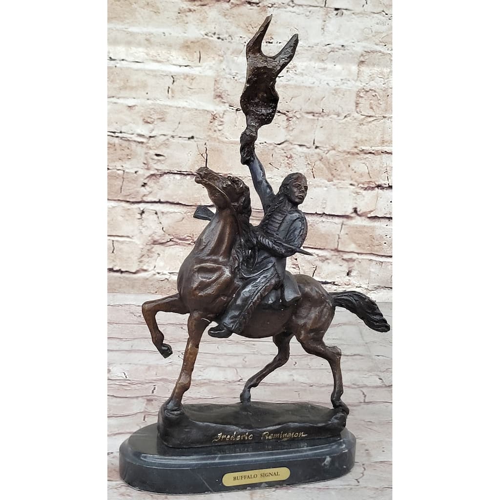 Buffalo Signal Frederic Remington Bronze Desktop Statue Sculpture Western 13 Inches X 9 Inches