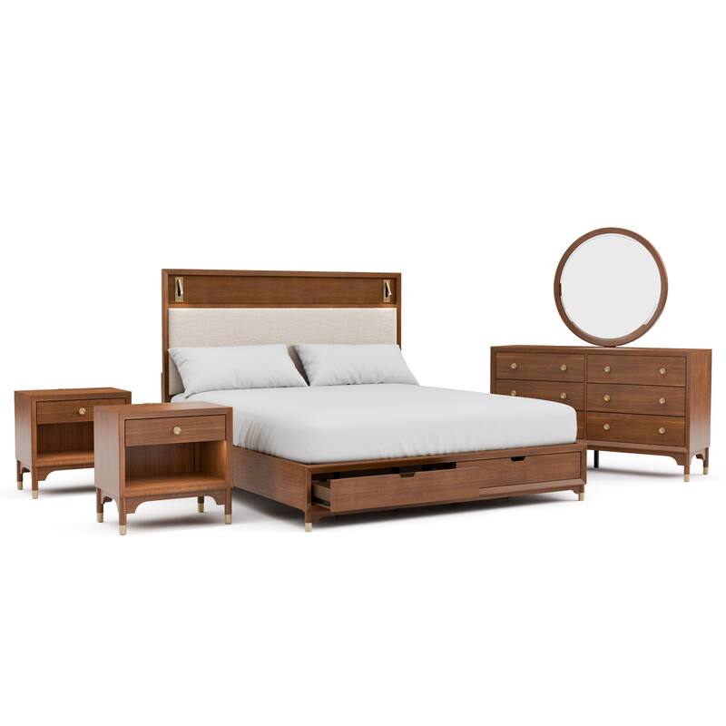 Furniture of America Forma Mid-Century Modern 5-Piece Walnut Solid Wood Storage Platform Bedroom Set