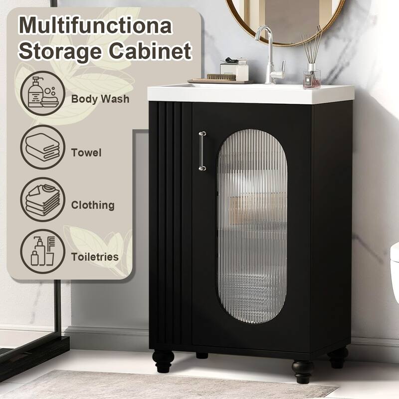20" Bathroom Vanity with Ceramic Sink,Two-tier Shelf,Adjustable Shelf,Solid Wood and MDF