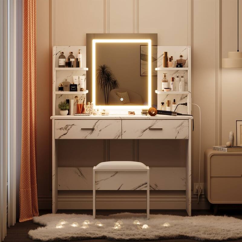 Makeup Vanity Set with Mirror, Stool， Charging Station， 2 Drawers, 6 Shelves