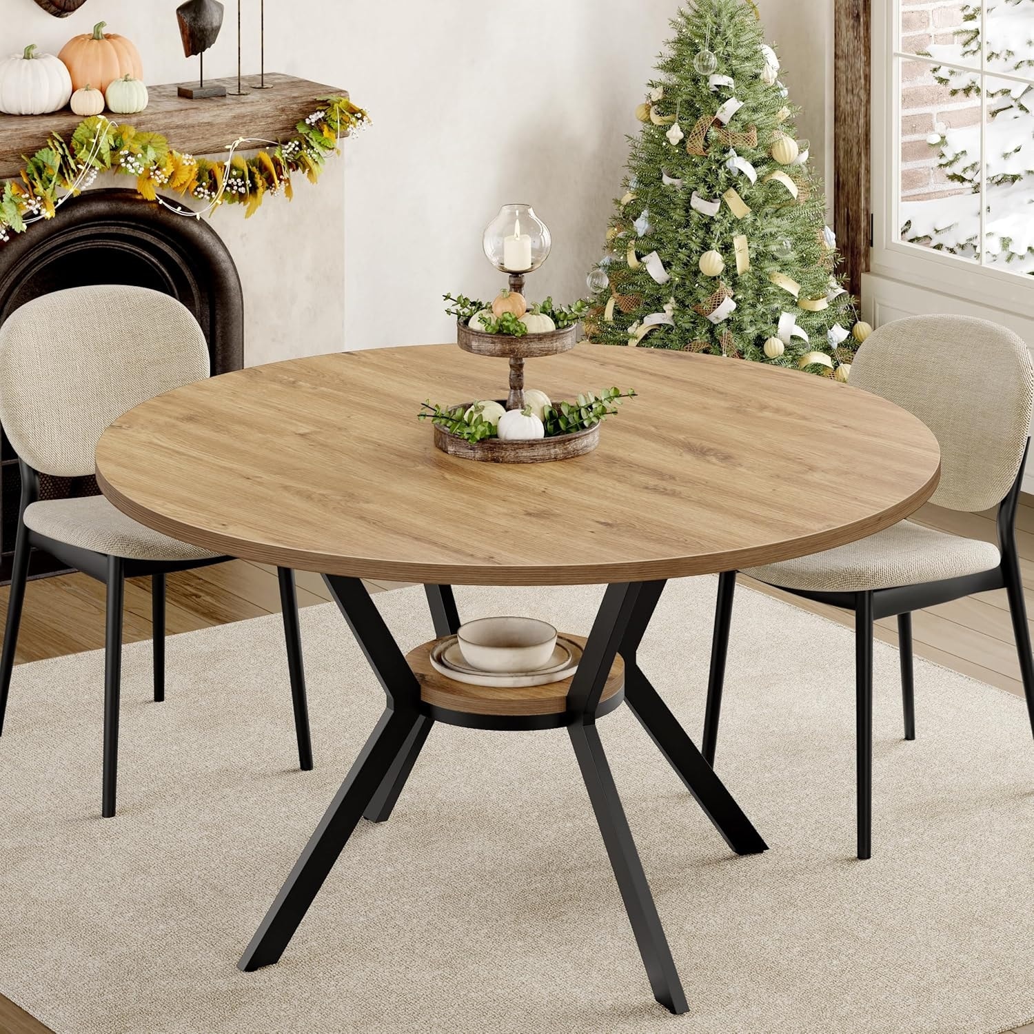 42 Inch Round Farmhouse Dining Table with Storage, Rustic Wooden Pedestal Design, Space-Saving Kitchen Furniture