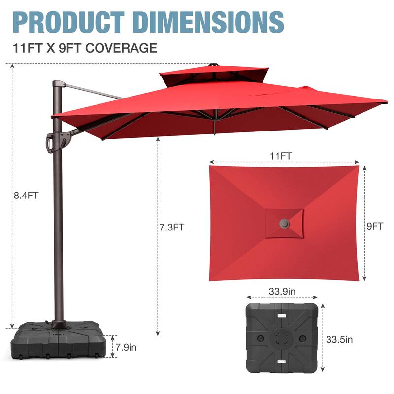 VredHom 9x11 FT Outdoor Patio Double Top Cantilever Umbrella with Wheel Base