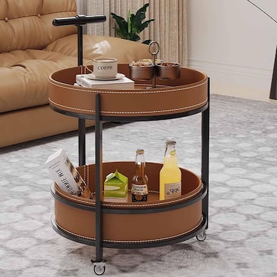 Movable Luxury Sofa Side Table Leather Trolley with Wheels Living Room Accent Table Small Coffee Table for Living Room,