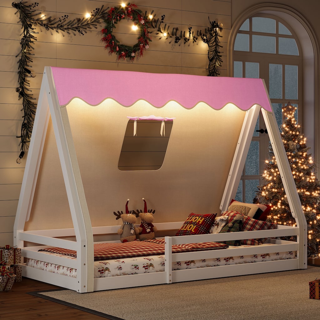 Twin Size House Floor Bed with Tent and Light, Solid Wood Teepee Floor Bed with Full-length Guardrails