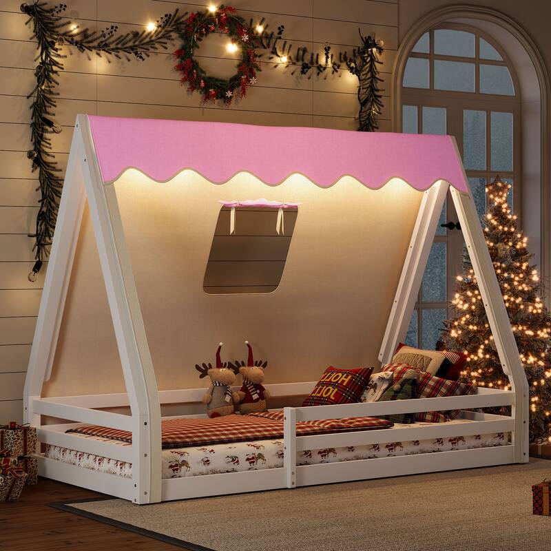 Twin Size House Floor Bed with Tent and Light, Solid Wood Teepee Floor Bed with Full-length Guardrails - White+Pink