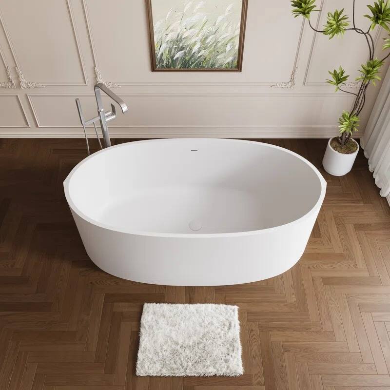 ABRUZZO 65'' x 34.25'' Freestanding Soaking Solid Surface Bathtub with Overflow and Pop-up Drain