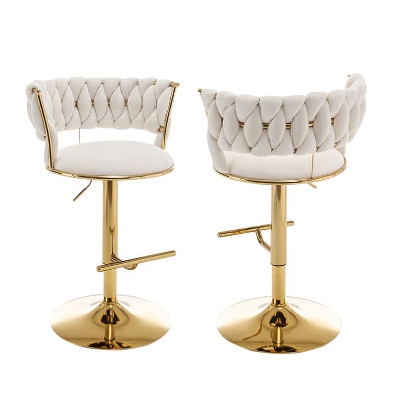 Best Quality Furniture Adjustable Velvet Barstools with Round Chrome Finish Base (Set of 2) - Cream / Gold