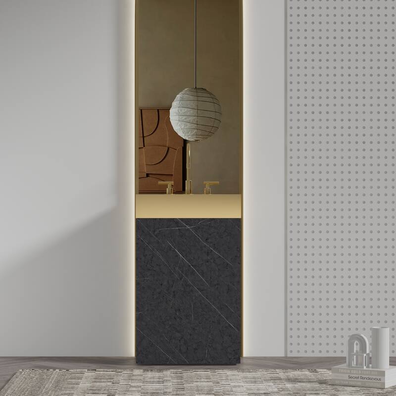 Modern Marble Bathroom Vanity, Roca 20" Freestanding Cabinet with Brushed Gold Stainless Steel Integrated Sink - Black