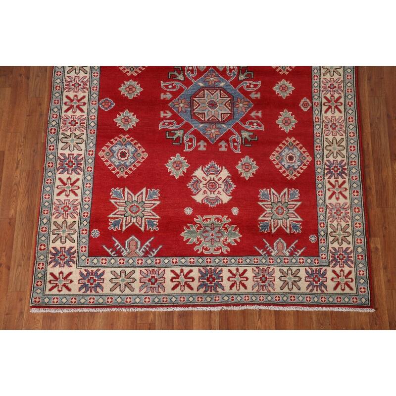 Red Geometric Kazak Area Rug Handmade Bedroom Wool Carpet - 5'0" x 6'9"